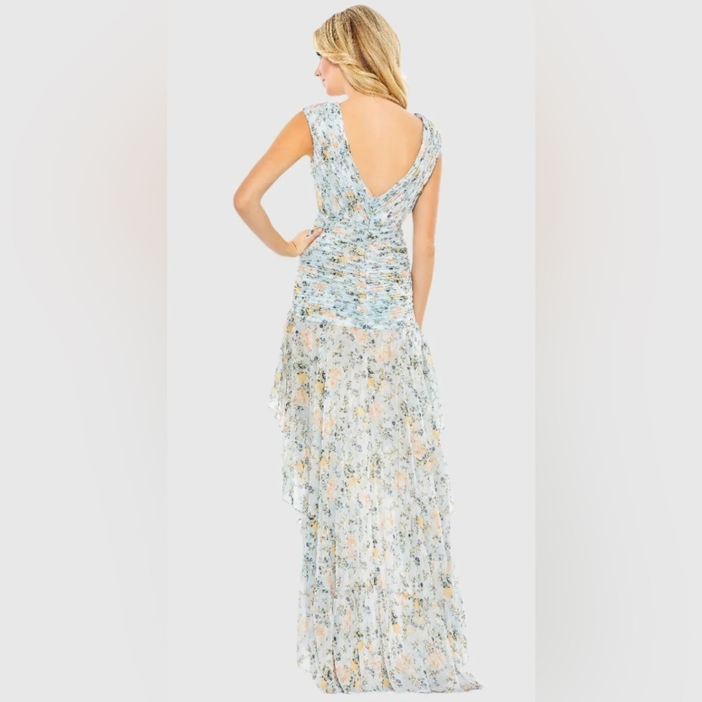 Ieena for Mac Duggal Floral Chiffon High-Low V-Neck Gown Blue 55826 - Picture 3 of 3